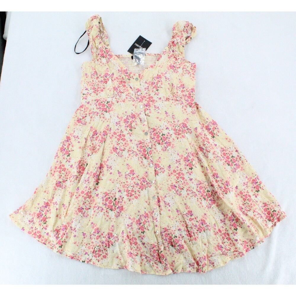 Forever 21 Dress Women’s Size M Yellow Floral Ruffle Babydoll Short Summer Flirt